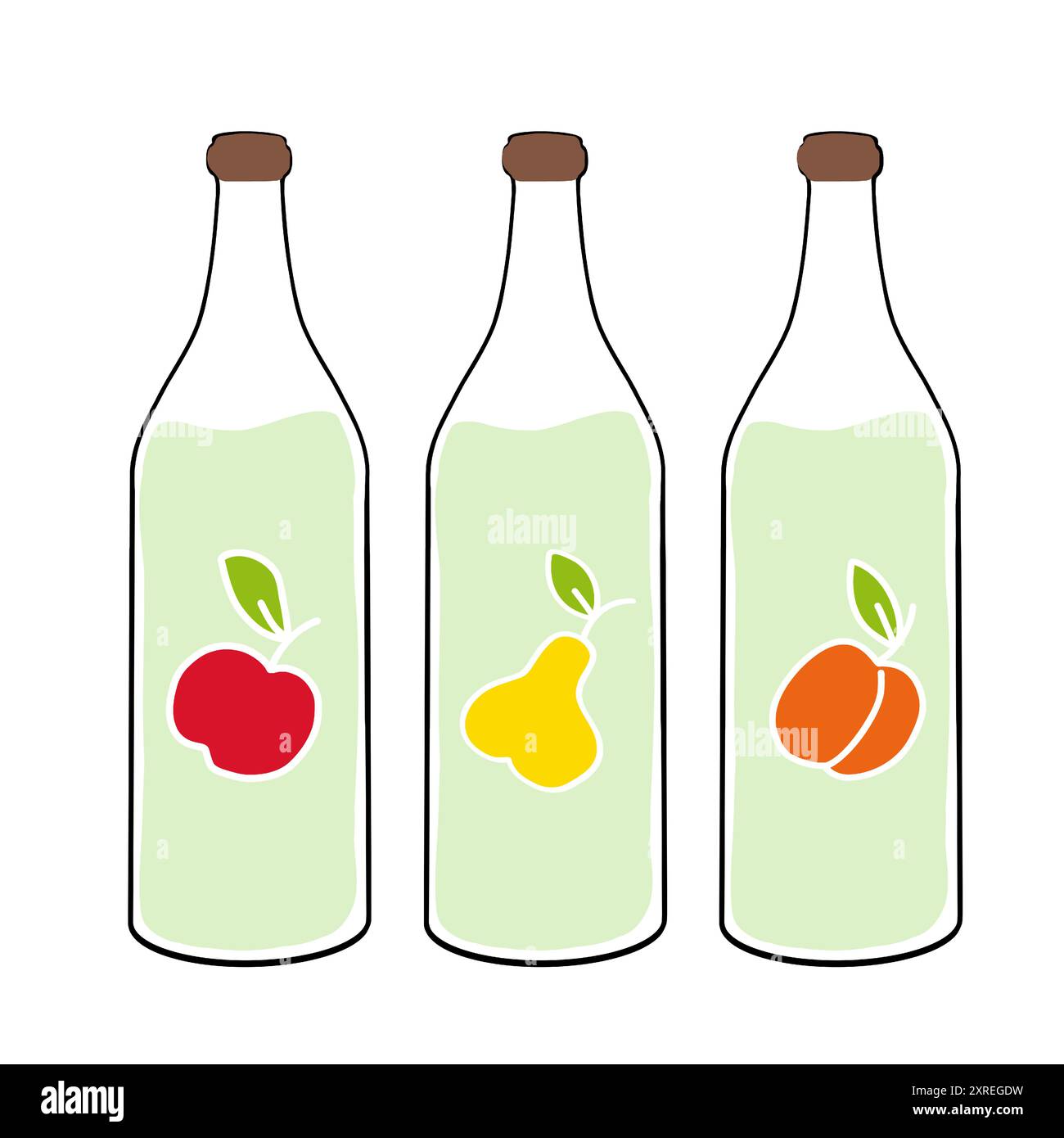 Bottiglie di bevande ecologiche con sapori di mela, pera e pesca su uno sfondo pulito Illustrazione Vettoriale