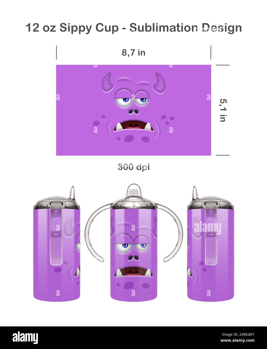 Divertente faccia da mostro. Modello di sublimazione senza cuciture per tazza Sippy da 12,5 ml per bambini. Senza cuciture da bordo a bordo. Avvolgimento completo della tazza. Foto Stock