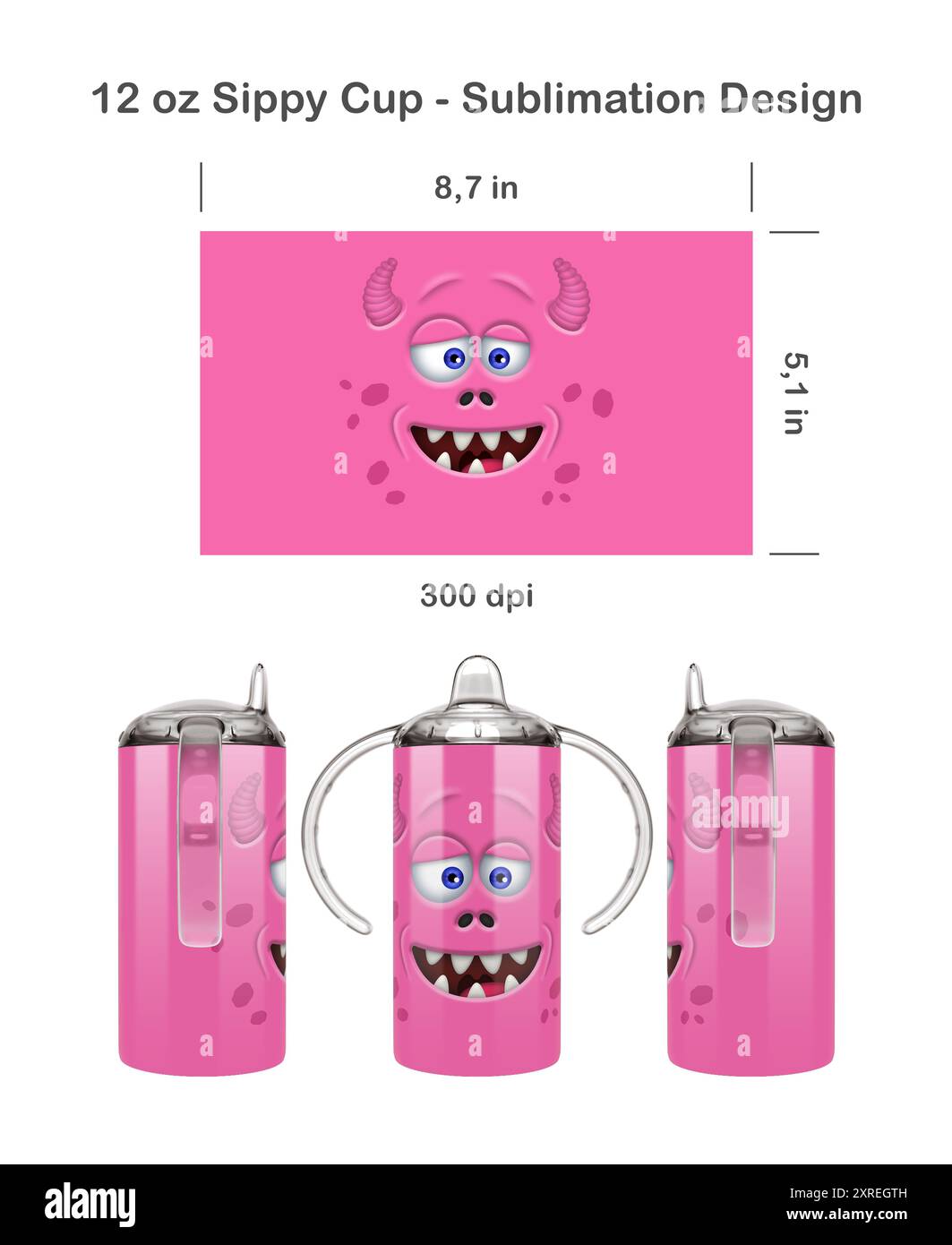 Divertente faccia da mostro. Modello di sublimazione senza cuciture per tazza Sippy da 12,5 ml per bambini. Senza cuciture da bordo a bordo. Avvolgimento completo della tazza. Foto Stock
