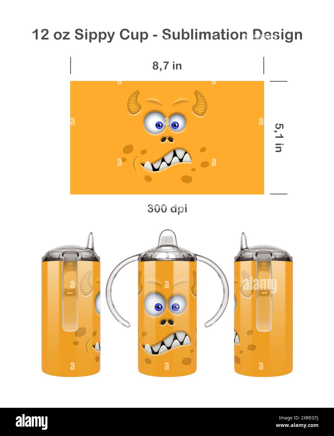 Divertente faccia da mostro. Modello di sublimazione senza cuciture per tazza Sippy da 12,5 ml per bambini. Senza cuciture da bordo a bordo. Avvolgimento completo della tazza. Foto Stock
