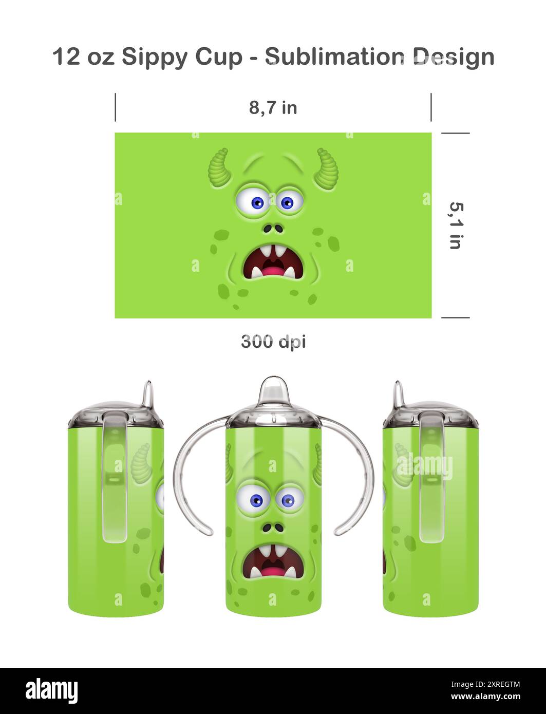 Divertente faccia da mostro. Modello di sublimazione senza cuciture per tazza Sippy da 12,5 ml per bambini. Senza cuciture da bordo a bordo. Avvolgimento completo della tazza. Foto Stock