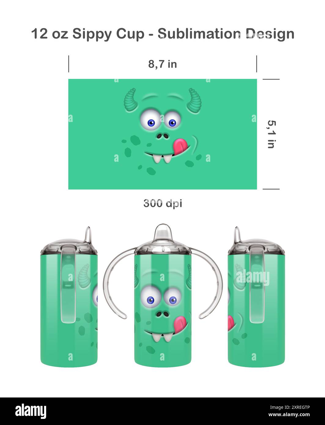 Divertente faccia da mostro. Modello di sublimazione senza cuciture per tazza Sippy da 12,5 ml per bambini. Senza cuciture da bordo a bordo. Avvolgimento completo della tazza. Foto Stock
