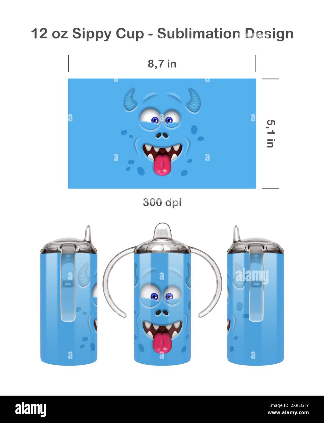 Divertente faccia da mostro. Modello di sublimazione senza cuciture per tazza Sippy da 12,5 ml per bambini. Senza cuciture da bordo a bordo. Avvolgimento completo della tazza. Foto Stock