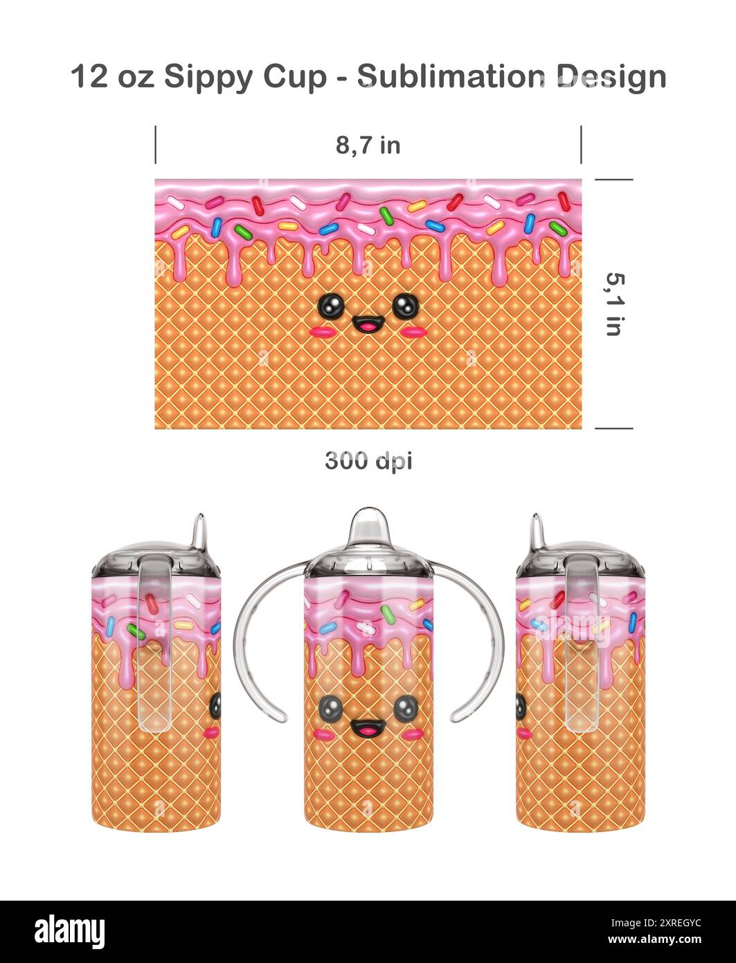 Divertente gelato Puffy Kawaii con ciambella rosa. Modello di sublimazione senza cuciture per tazza Sippy da 12,5 ml per bambini. Senza cuciture da bordo a bordo. Avvolgimento completo della tazza. Foto Stock