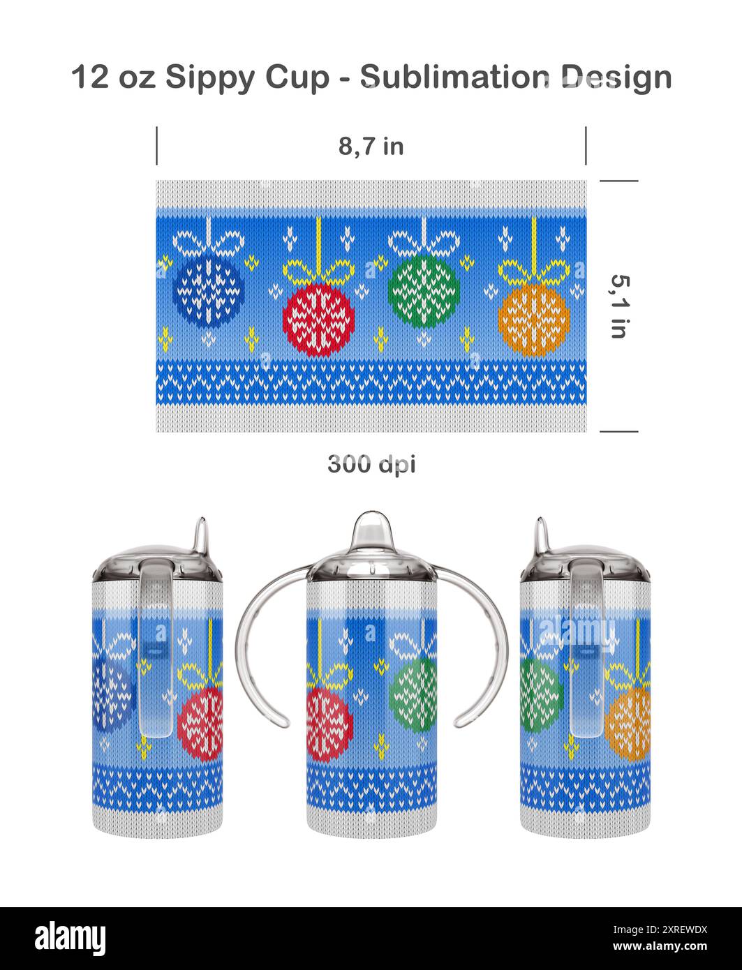 Divertente motivo a maglia di Natale. Modello di sublimazione senza cuciture per tazza Sippy da 12,5 ml per bambini. Senza cuciture da bordo a bordo. Avvolgimento completo della tazza. Foto Stock