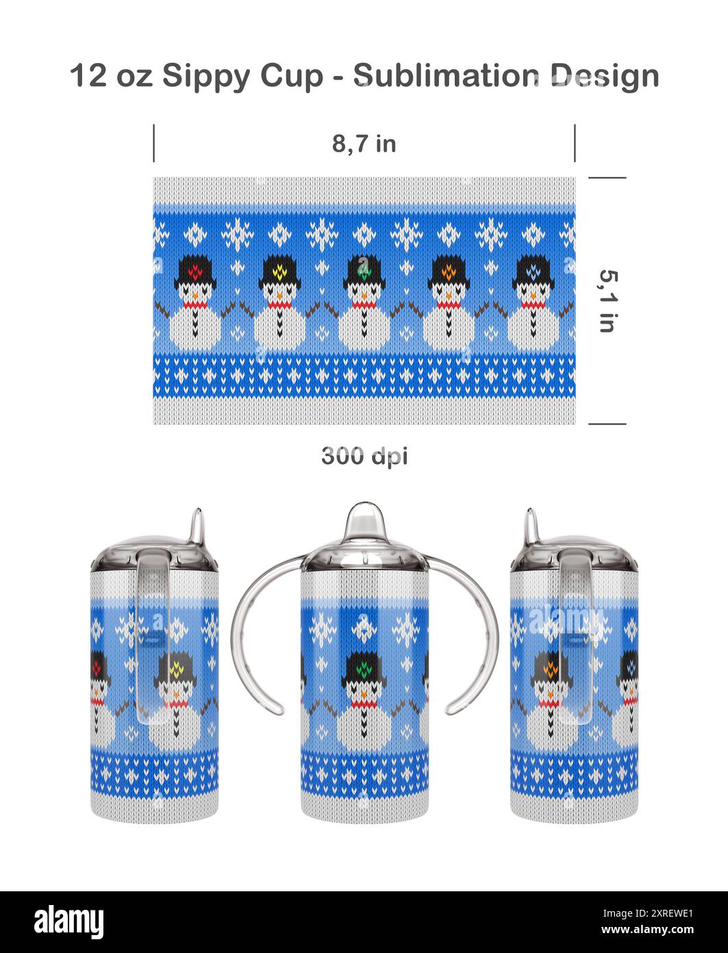 Divertente modello di pupazzo di neve natalizio a maglia. Modello di sublimazione senza cuciture per tazza Sippy da 12,5 ml per bambini. Senza cuciture da bordo a bordo. Avvolgimento completo della tazza. Foto Stock