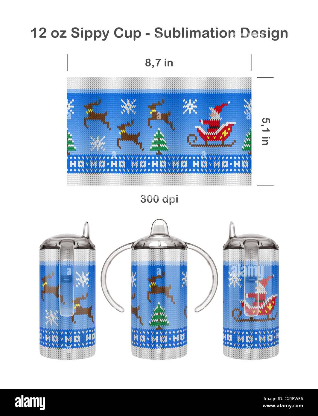 Divertente schema di Babbo Natale a maglia. Modello di sublimazione senza cuciture per tazza Sippy da 12,5 ml per bambini. Senza cuciture da bordo a bordo. Avvolgimento completo della tazza. Foto Stock
