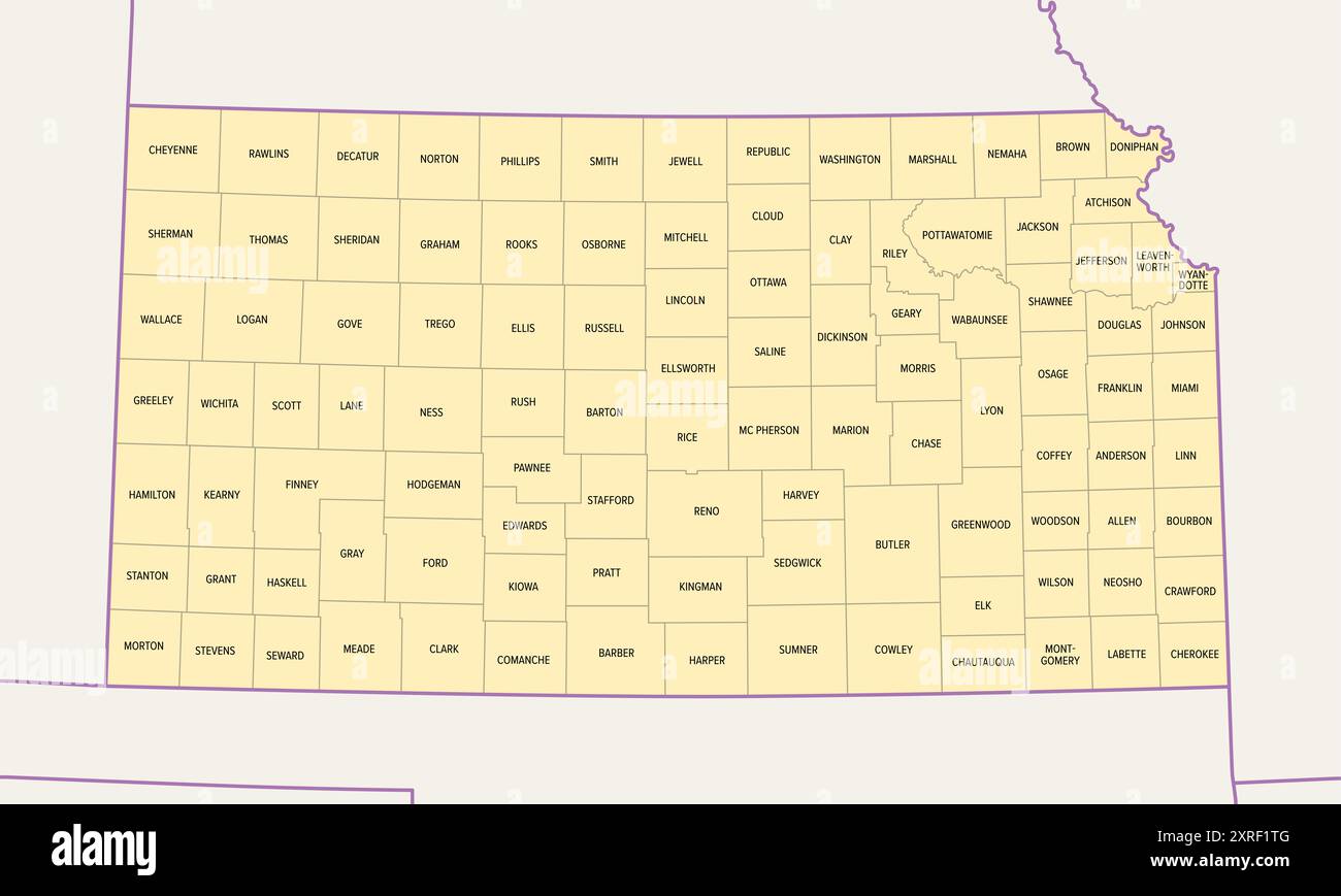 Kansas, stato degli Stati Uniti suddiviso in 105 contee, mappa politica con confini e nomi di contea. Stato nella regione Midwest degli Stati Uniti. Foto Stock