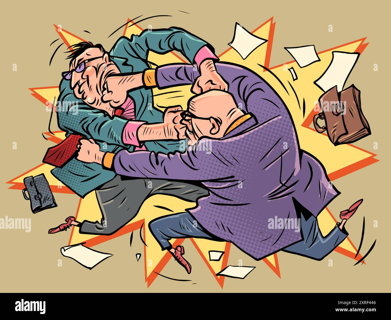 I dipendenti di un ufficio di sesso maschile combattono l'uno con l'altro. Concorrenza commerciale tra imprese. Problemi di comunicazione all'interno del team. Fumetto carto Illustrazione Vettoriale