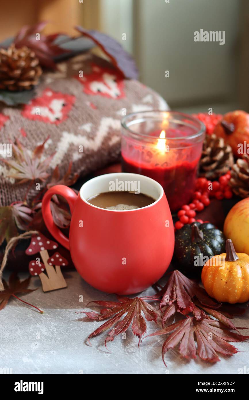 Natura morta autunnale con tazza rossa e maglione marrone caldo lavorato a maglia. Foto d'autunno dai colori vivaci. Foto Stock