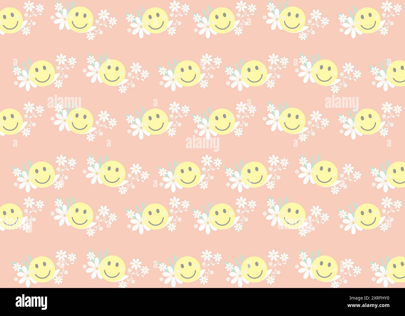 Allegro motivo floreale e Smiley su sfondo rosa brillante Illustrazione Vettoriale