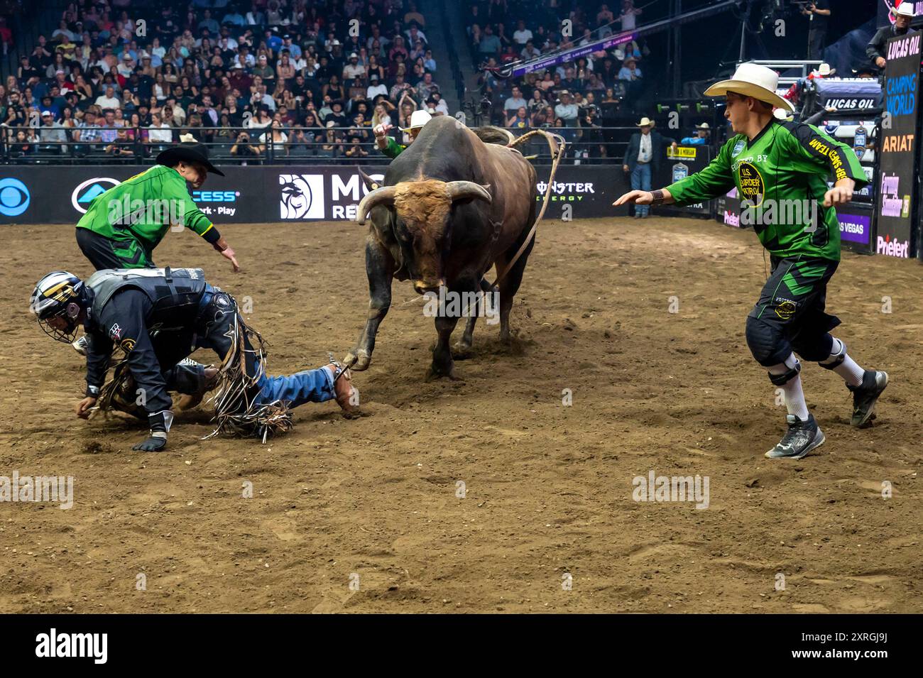 New York, New York, Stati Uniti. 9 agosto 2024. (SPT) New York Mavericks' PBR Camping World Team Series Homestand, Maverick Days. 9 agosto 2024, New York, New York, Stati Uniti d'America: Arizona Ridge Riders' Chase Dougherty cavalca Soul King in gara 3 durante il PBR Camping World Team Series Homestand dei New York Mavericks, evento Maverick Days al Barclays Center il 9 agosto 2024 nel Brooklyn Borough di New York City. (Immagine di credito: © Ron Adar/TheNEWS2 tramite ZUMA Press Wire) SOLO PER USO EDITORIALE! Non per USO commerciale! Foto Stock