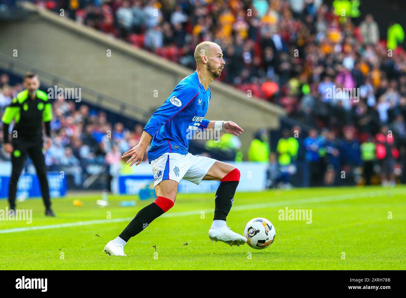 Glasgow, Regno Unito. 10 agosto 2024. I Rangers giocarono al Motherwell nella partita casalinga dei Rangers, giocata all'Hampden Park di Glasgow perché l'Ibrox Stadium, stadio di casa dei Rangers, è in fase di ristrutturazione. Il punteggio finale è stato Rangers 2 - 1 Motherwell. I gol furono segnati da Dessers, Cerny e un OG da Propper. Crediti: Findlay/Alamy Live News Foto Stock