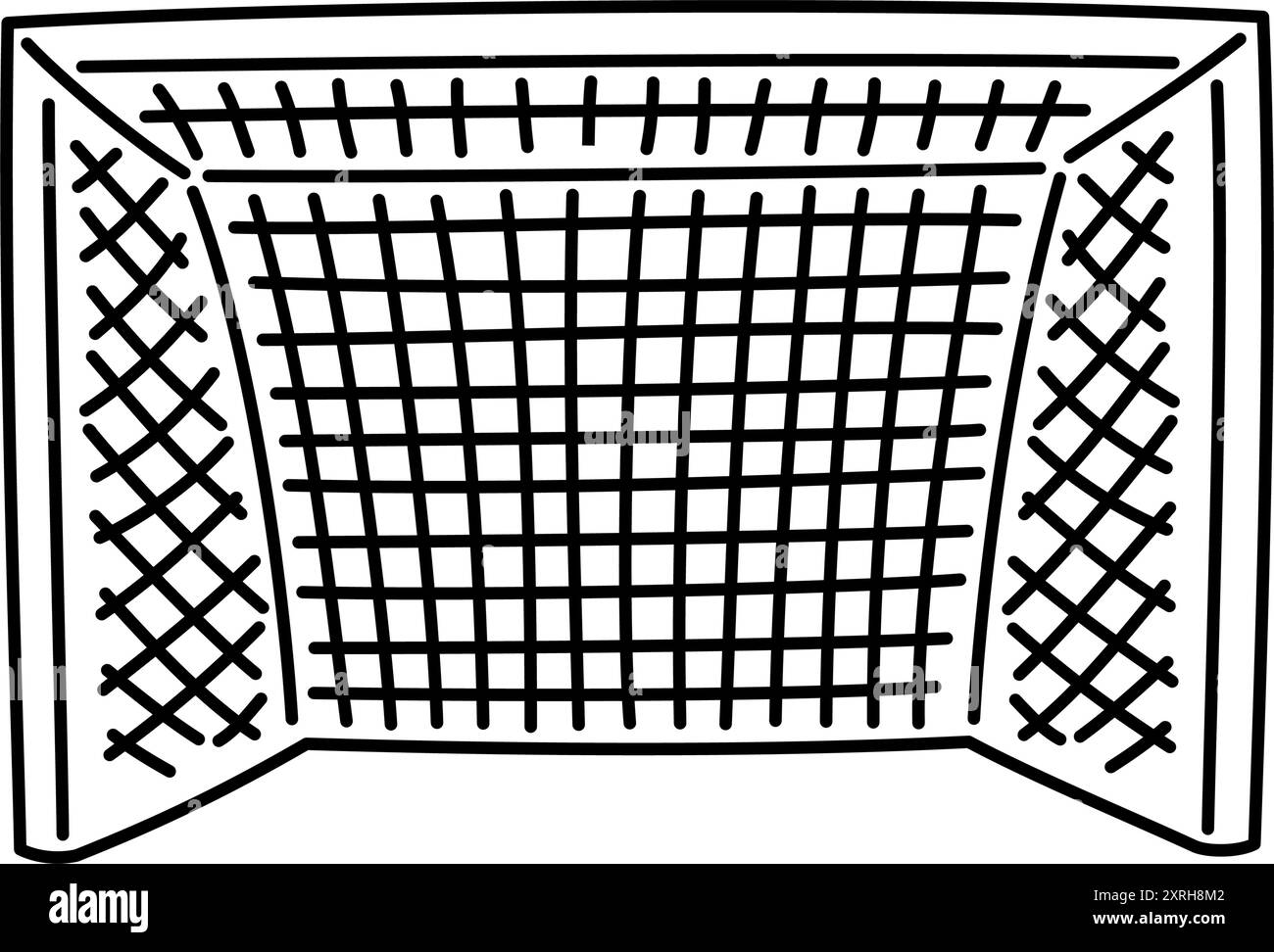 Gol da calcio con contorno nero disegnato a mano. Attrezzatura da calcio professionale con pali e rete per l'allenamento, l'apprendimento e il gioco. Illustrazione Vettoriale