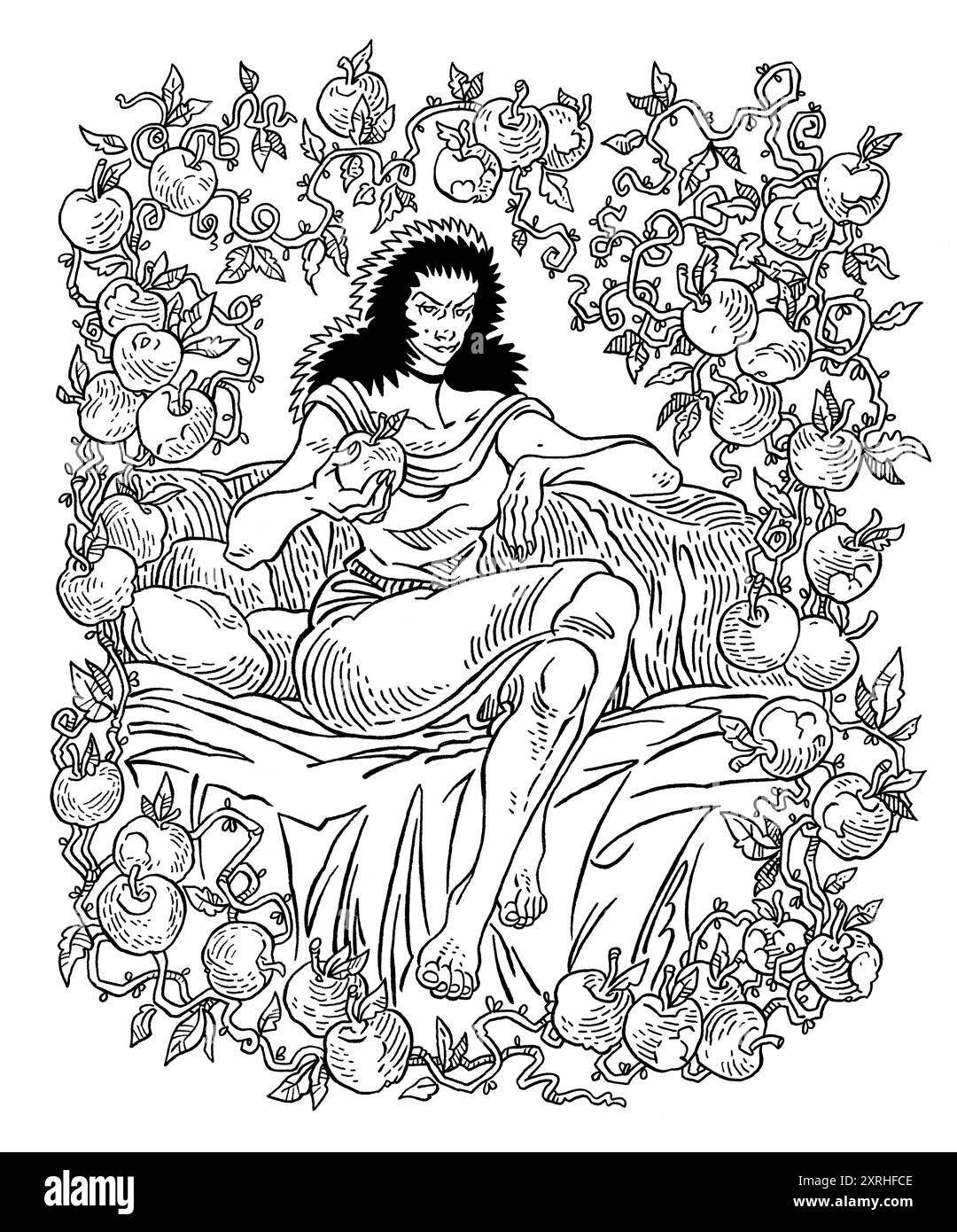 Illustrazione dell'antica dea greca Eris, seduta, con la mela della discordia e del caos, motivo della guerra di troia. Scarabocchio disegnato a mano. Foto Stock