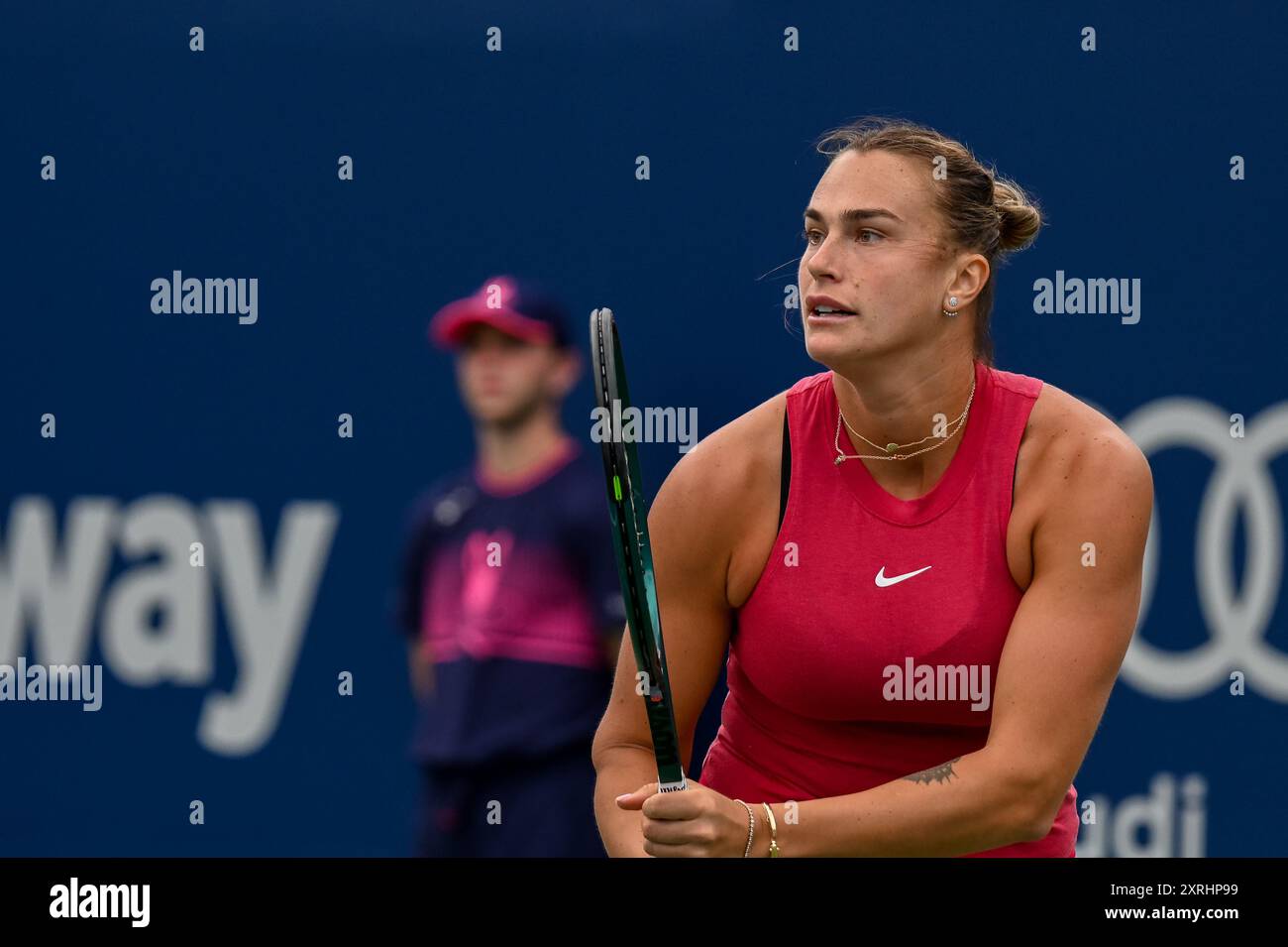 Toronto, Canada. 10 agosto 2024. La tennista bielorussa Aryna Sabalenka partecipa ai quarti di finale del WTA 1000 Toronto National Bank Open. Christopher Child/EXimages Credit: EXImages/Alamy Live News Foto Stock