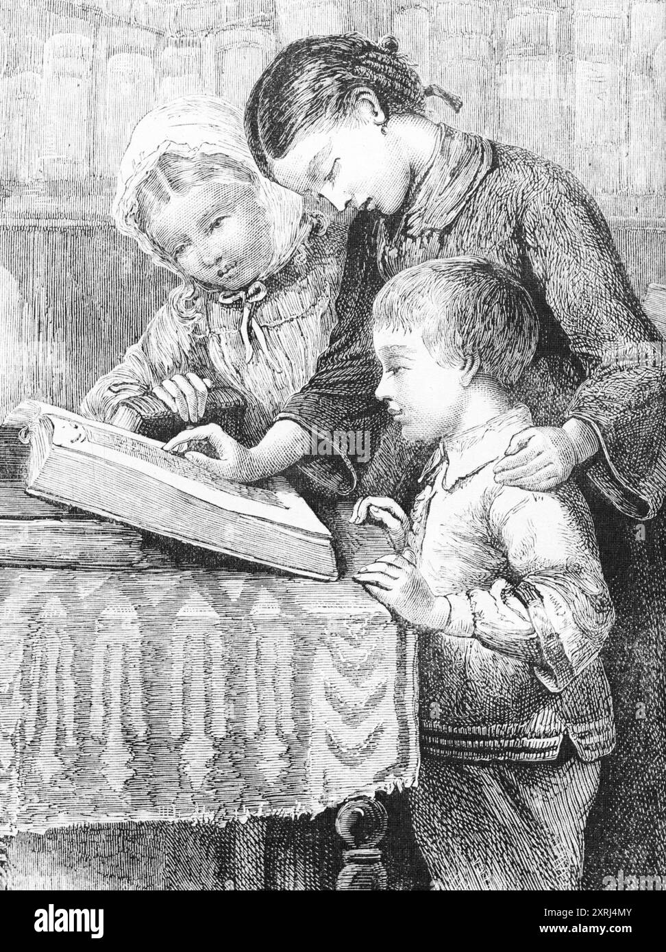 Incisione di una famiglia che legge la Bibbia insieme, intorno al 1890 Foto Stock