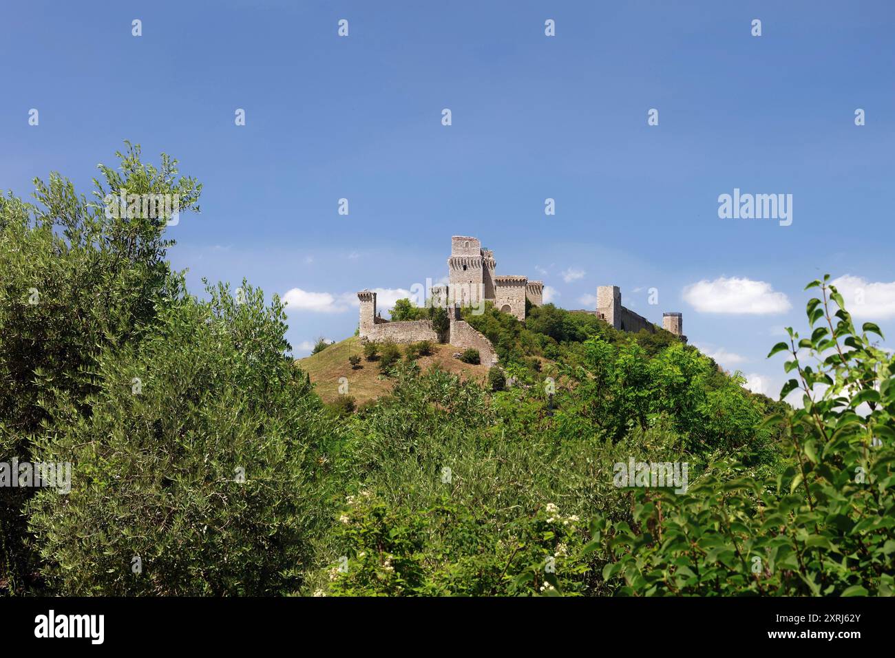 Rocca maggiore, roccaforte medievale sulla cima della collina di Assisi, Italia. Foto Stock