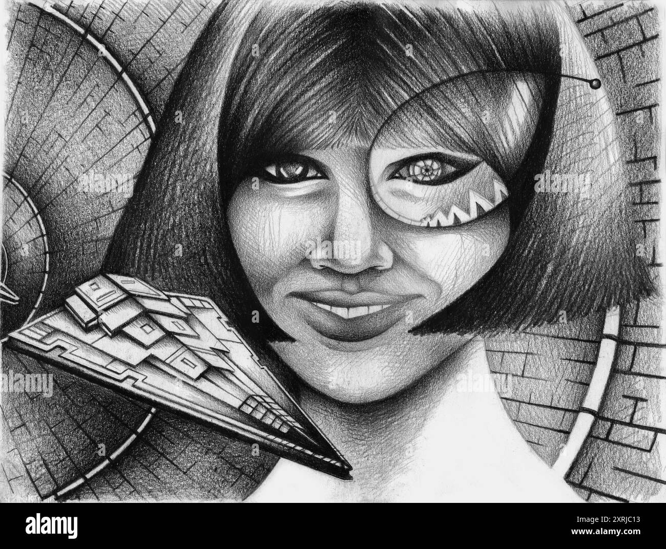 Illustrazione di una stazione spaziale fantascientifica con una donna sorridente mentre guarda un aereo, in uno stile a tema spia. Foto Stock