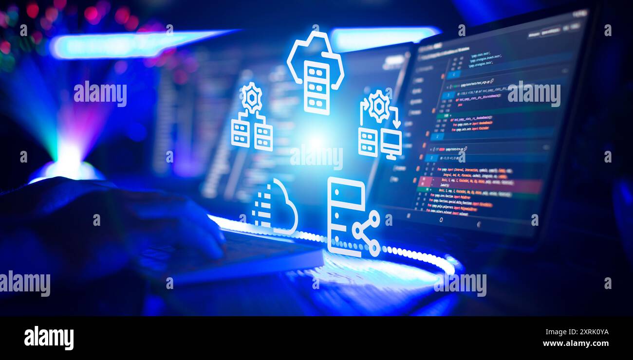 Il concetto di archiviazione dei dati su un server, la combinazione in un unico array, il trasferimento dei dati, la distribuzione da un server, la protezione. Progetto di startup innovativo. Foto Stock