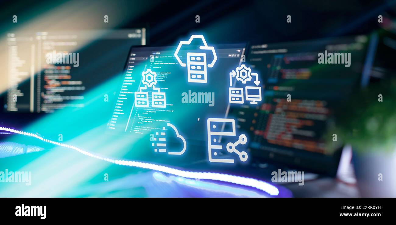 Il concetto di archiviazione dei dati su un server, la combinazione in un unico array, il trasferimento dei dati, la distribuzione da un server, la protezione. Progetto di startup innovativo. Foto Stock