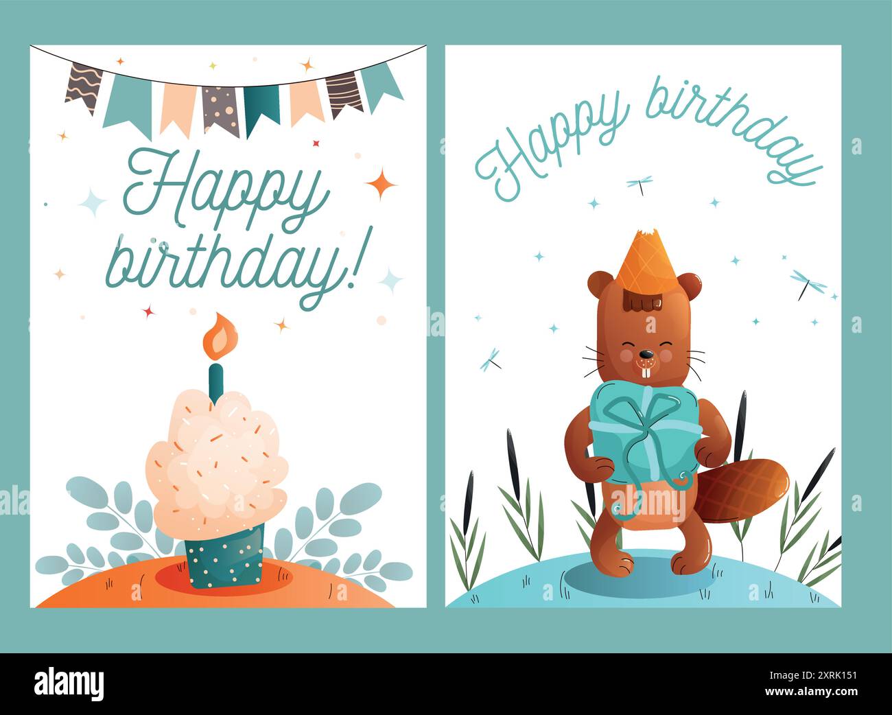 Carino biglietto di auguri per i bambini. Set di biglietti di auguri di buon compleanno con castoro e torta di compleanno. Vettore. Illustrazione Vettoriale