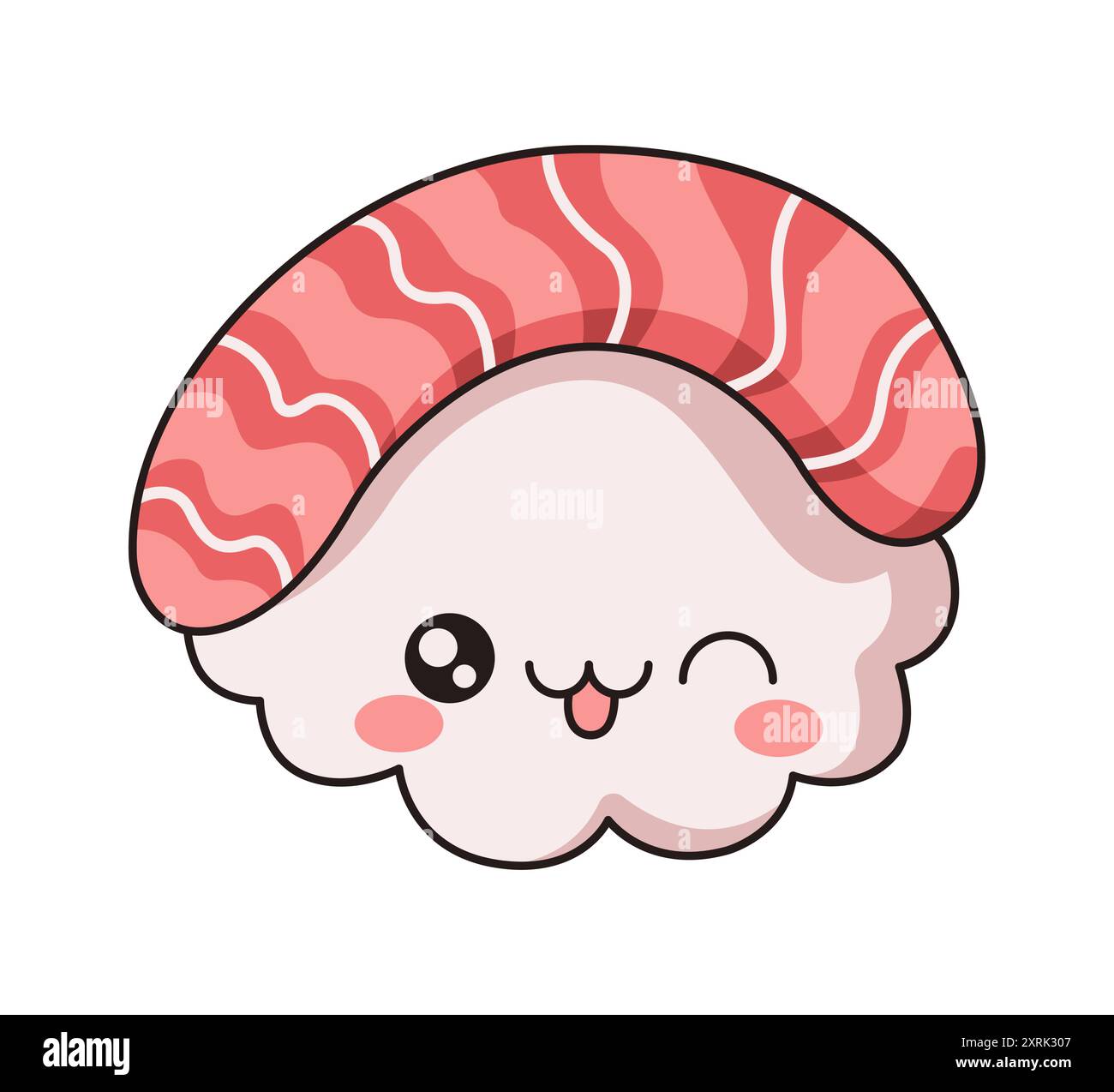 Sashimi con illustrazione vettoriale di colore piatto espressione dell'occhiolino. Specialità di pesce Kawaii sorridenti con un'icona di salmone su sfondo bianco Illustrazione Vettoriale