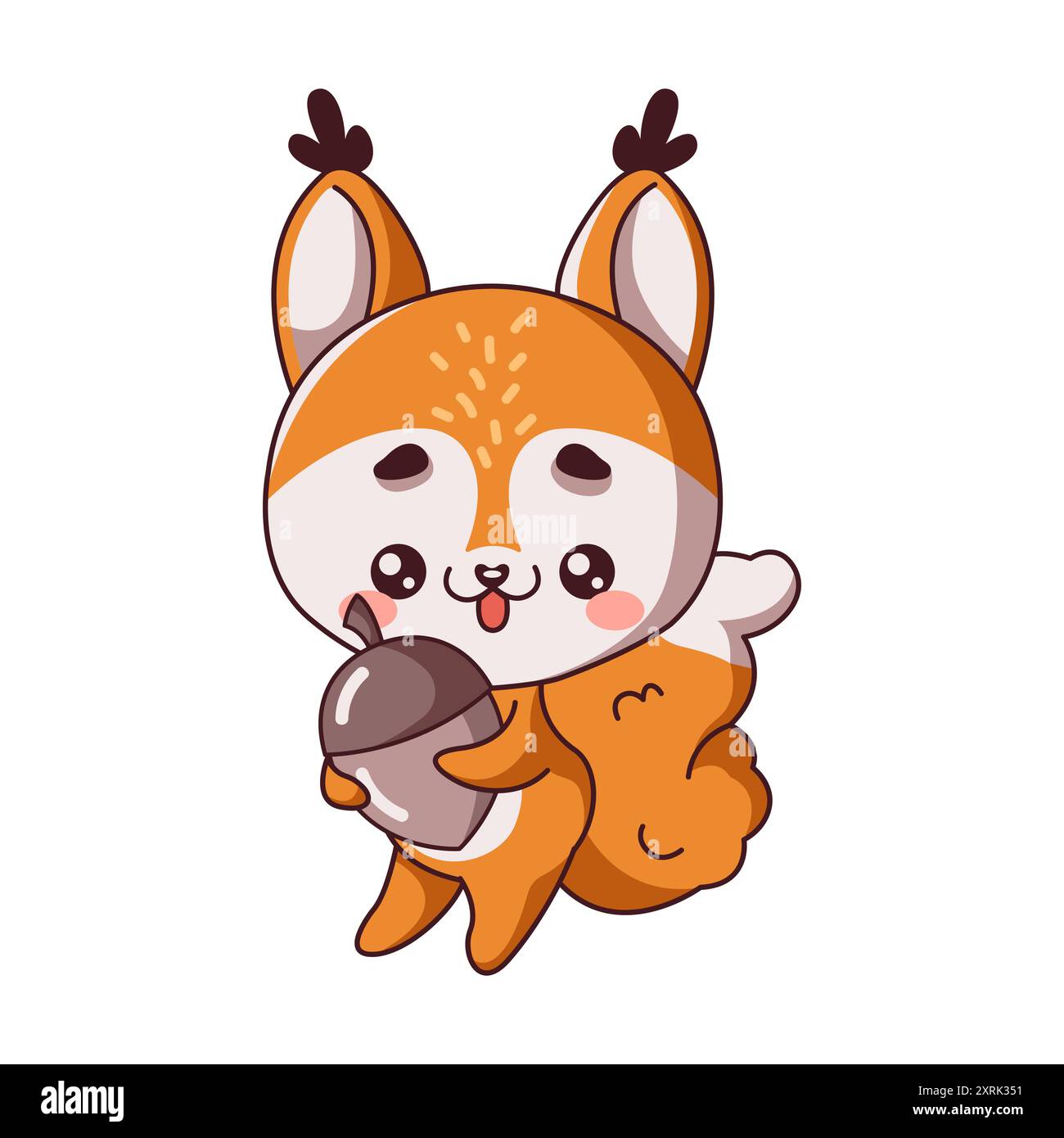 Piccolo scoiattolo felice che contiene un'illustrazione vettoriale di colore piatto ghianda. Kawaii animale selvatico. Morbido roditore forestale con icona a forma di dado su sfondo bianco Illustrazione Vettoriale