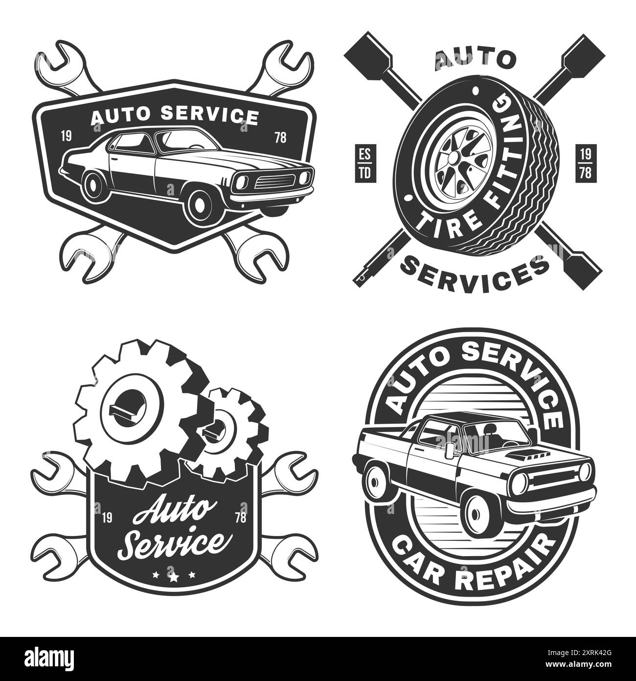 Set di logo, emblemi, distintivi e icone per la manutenzione automatica. Vettore. Servizi di riparazione auto, restauro ed elementi di design di club automobilistici. Illustrazione Vettoriale