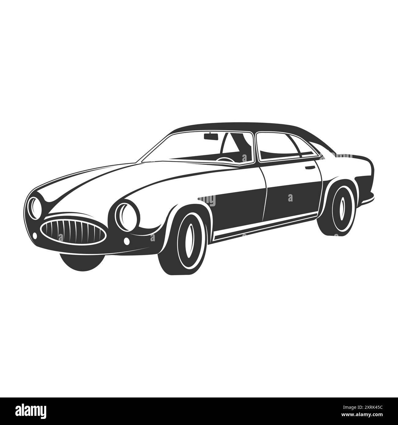 Design classico di un'auto retrò d'epoca. Silhouette vettoriale. Elemento di design per logo, insegna, emblema. Berlina sportiva americana. Illustrazione Vettoriale
