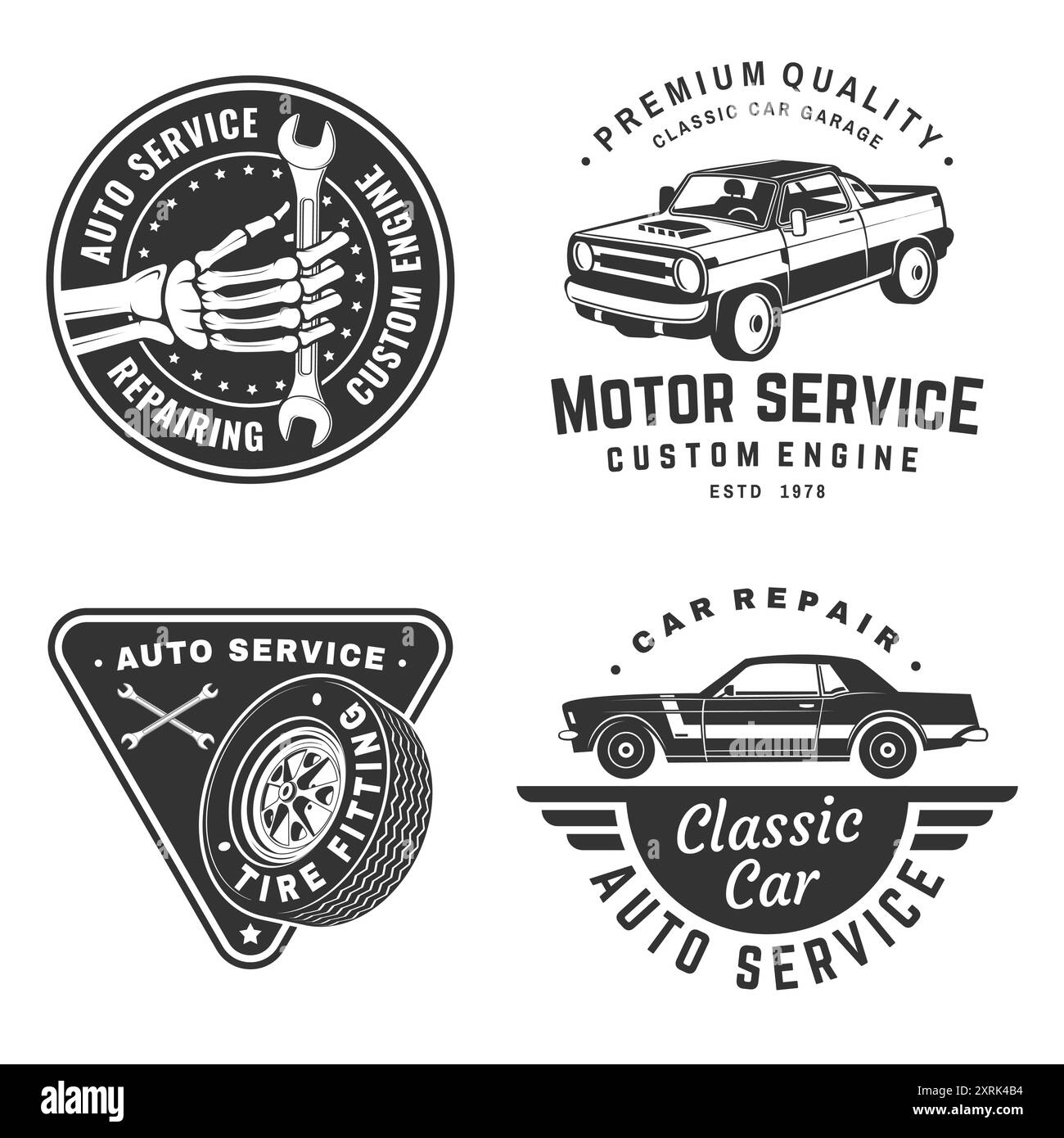 Set di logo, emblemi, distintivi e icone per la manutenzione automatica. Vettore. Servizi di riparazione auto, restauro ed elementi di design di club automobilistici. Illustrazione Vettoriale