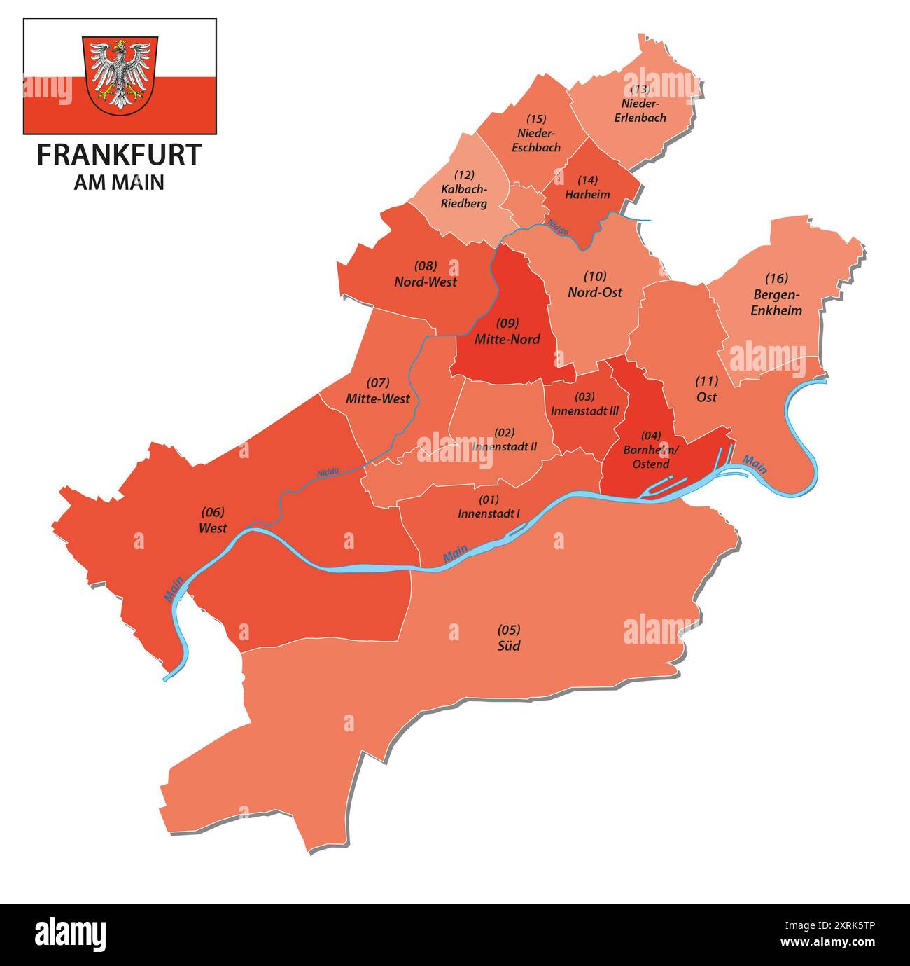 Mappa amministrativa vettoriale di Francoforte con tutti i distretti Foto Stock
