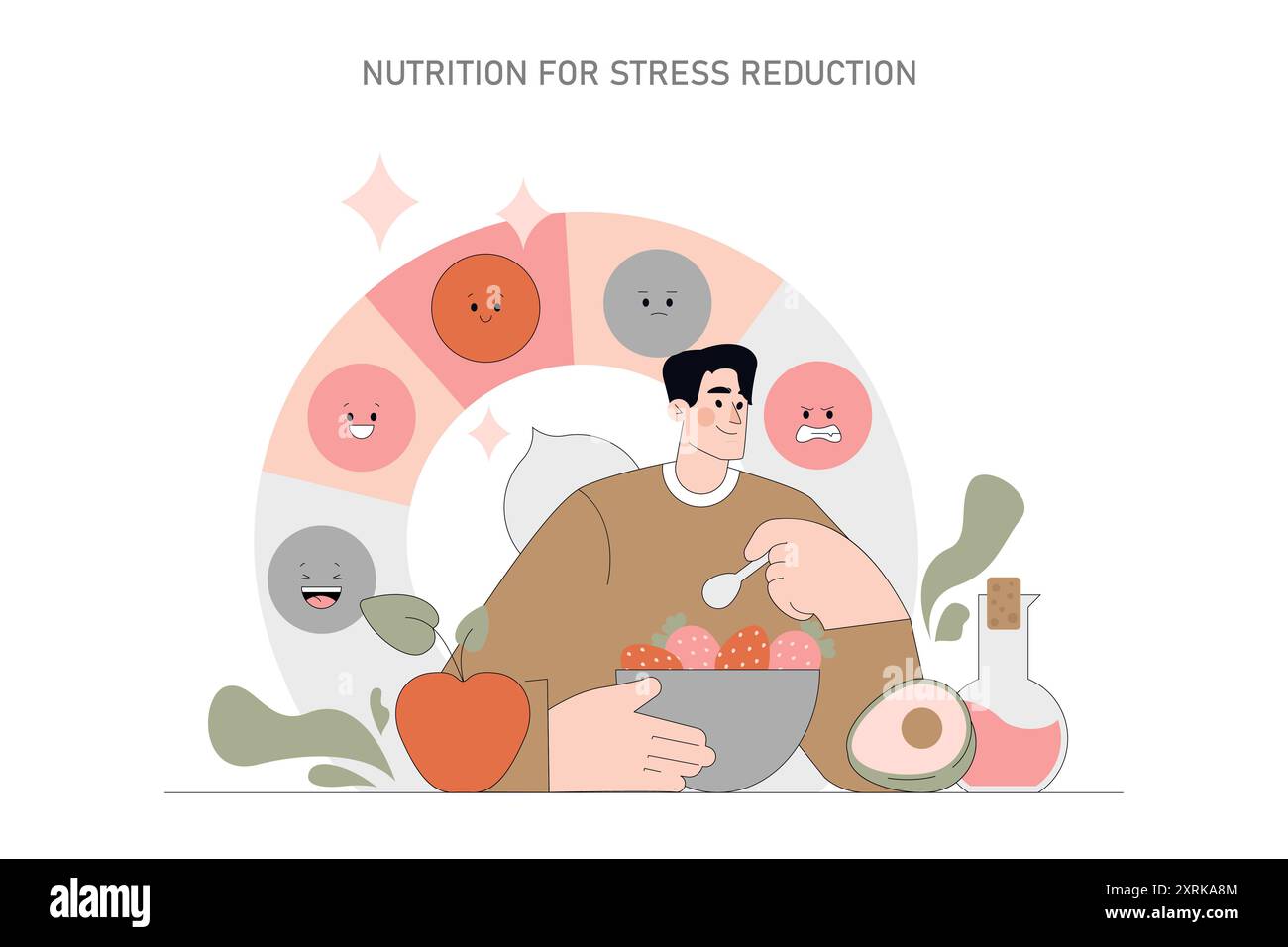 Concetto di nutrizione e salute mentale. Influenze di mangiare sano sulle emozioni e sulla gestione dello stress. Una dieta equilibrata influisce sulla stabilità dell'umore. Illustrazione vettoriale. Illustrazione Vettoriale