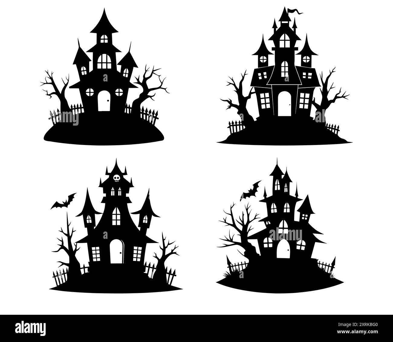 Set di silhouette casa spaventosa, cimitero, su sfondo bianco. Illustrazione vettoriale Illustrazione Vettoriale