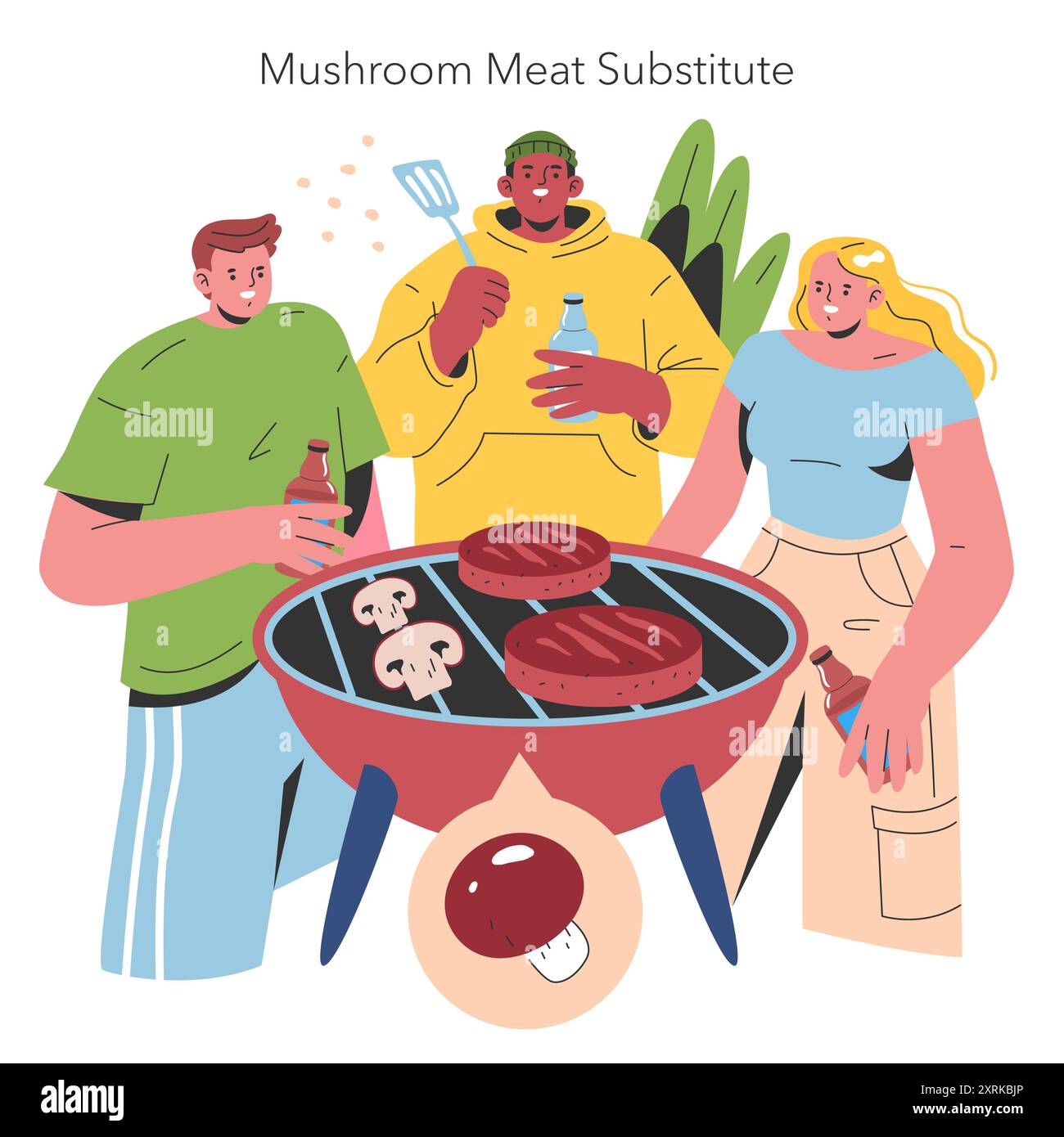 Concetto di coltivazione dei funghi. Gli amici possono gustare un barbecue con succedanei della carne di funghi, promuovendo abitudini alimentari sostenibili. Illustrazione vettoriale. Illustrazione Vettoriale