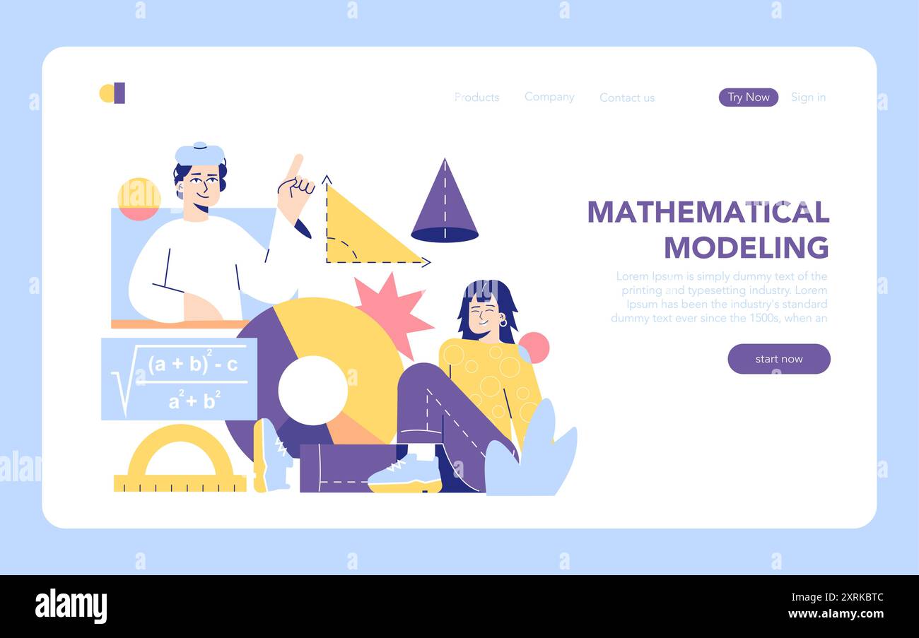 Concetto di modellazione matematica. Una piattaforma online interattiva che coinvolge gli utenti in simulazioni computazionali. Insegnanti che dimostrano concetti complessi. Illustrazione vettoriale. Illustrazione Vettoriale