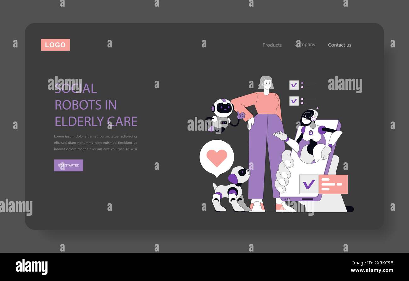 Il concetto di una pagina web sull'assistenza agli anziani futuristica con robot sociali che assistono una donna anziana, evidenziando la compagnia e gli aiuti tecnologici. Illustrazione vettoriale. Illustrazione Vettoriale