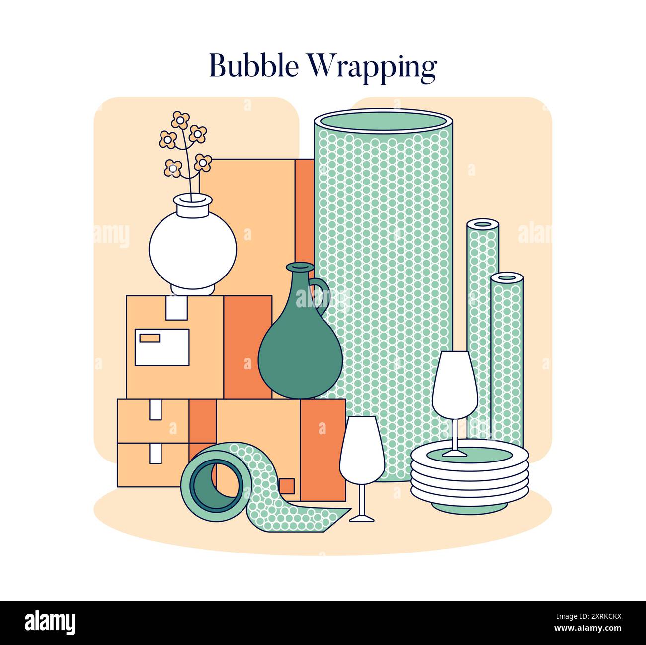 Il concetto di abbandono. Confezionamento accurato di articoli delicati con involucro a bolle d'aria per un trasporto sicuro. Scatole di cartone, vetreria e delicati ornamenti. Illustrazione vettoriale. Illustrazione Vettoriale