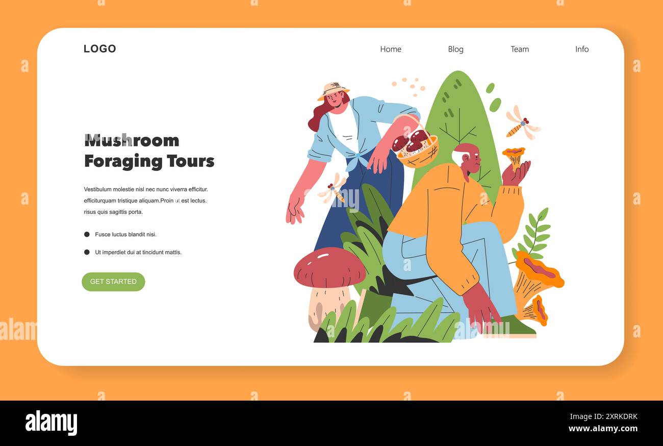 Concetto di coltivazione dei funghi. Illustrazione di foraggieri che raccolgono funghi commestibili in natura, promuovendo tour di foraggiamento ecologici. Illustrazione vettoriale. Illustrazione Vettoriale