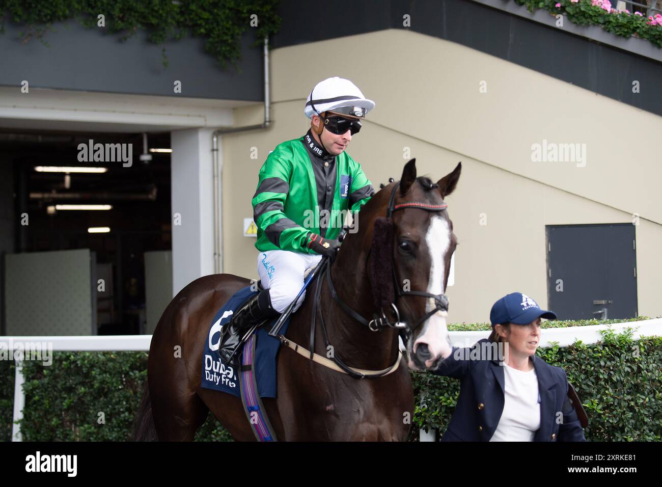 10 agosto 2024. DREAM COMPOSER guidato dal fantino Tadhg o'Shea si dirige verso l'ippodromo per il Dubai Duty Free Shergar Cup Dash (handicap di classe 2) presso la Dubai Duty Free Shergar Cup presso l'ippodromo di Ascot nel Berkshire. Proprietario Peter Clarke Racing Partners, allenatore James Evans, Kinnersley, allevatore Khalifa Dasmal, Sponsor The Little Jet Company Ltd Crediti: Maureen McLean/Alamy Foto Stock