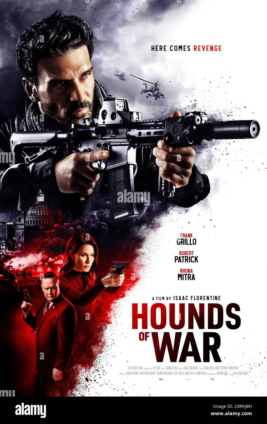 Hounds of War (2024) diretto da Isaac Florentine e interpretato da Rhona Mitra, Robert Patrick e Frank Grillo. Dopo che una missione va storta, solo uno di un gruppo di mercenari viene lasciato vivo per vendicarsi dei suoi fratelli. US un foglio poster ***SOLO PER USO EDITORIALE***. Crediti: BFA / XYZ Films Foto Stock