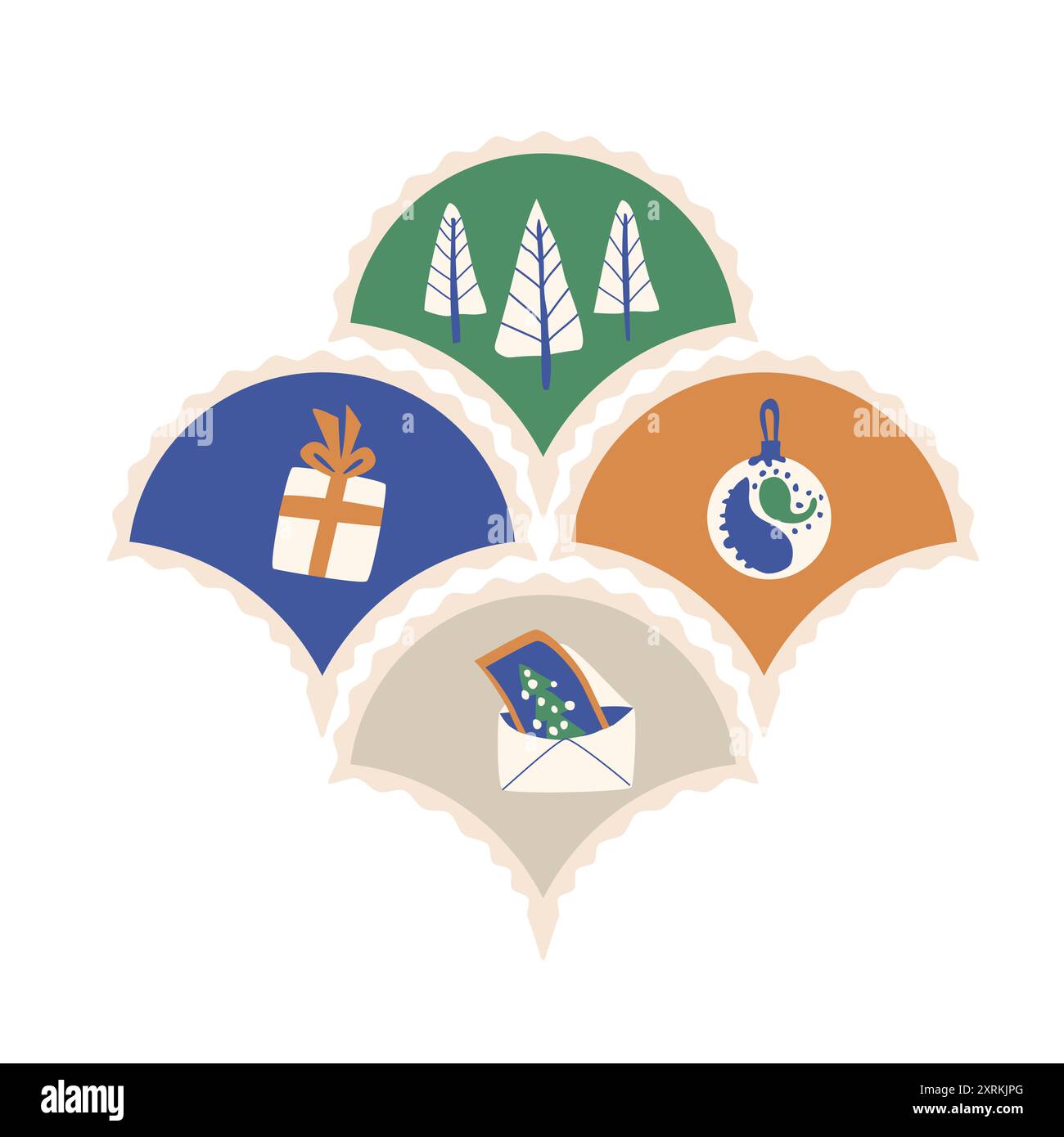 Adesivo di capesante a tema natalizio con decorazioni natalizie, regali, palle e alberi e buste natalizie isolate su sfondo bianco. Mano vettoriale Illustrazione Vettoriale