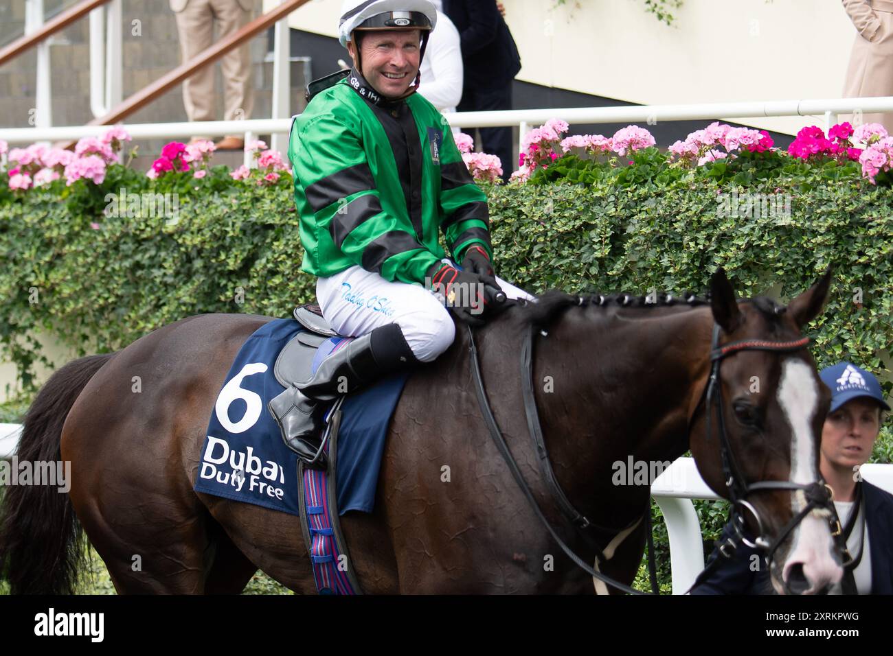 Ascot, Berkshire, Regno Unito. 10 agosto 2024. DREAM COMPOSER guidato dal fantino Tadhg o'Shea vince un posto nel Dubai Duty Free Shergar Cup Dash (handicap di classe 2) alla Dubai Duty Free Shergar Cup presso l'ippodromo di Ascot nel Berkshire. Proprietario Peter Clarke Racing Partners, allenatore James Evans, Kinnersley, allevatore Khalifa Dasmal, Sponsor The Little Jet Company Ltd Crediti: Maureen McLean/Alamy Foto Stock