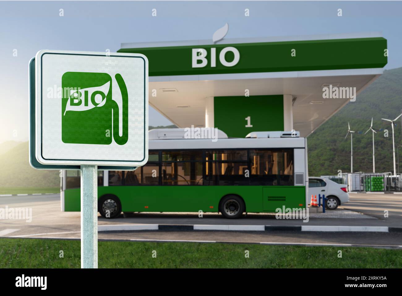 Segnale stradale con simbolo della stazione di rifornimento carburante biologico. Foto Stock