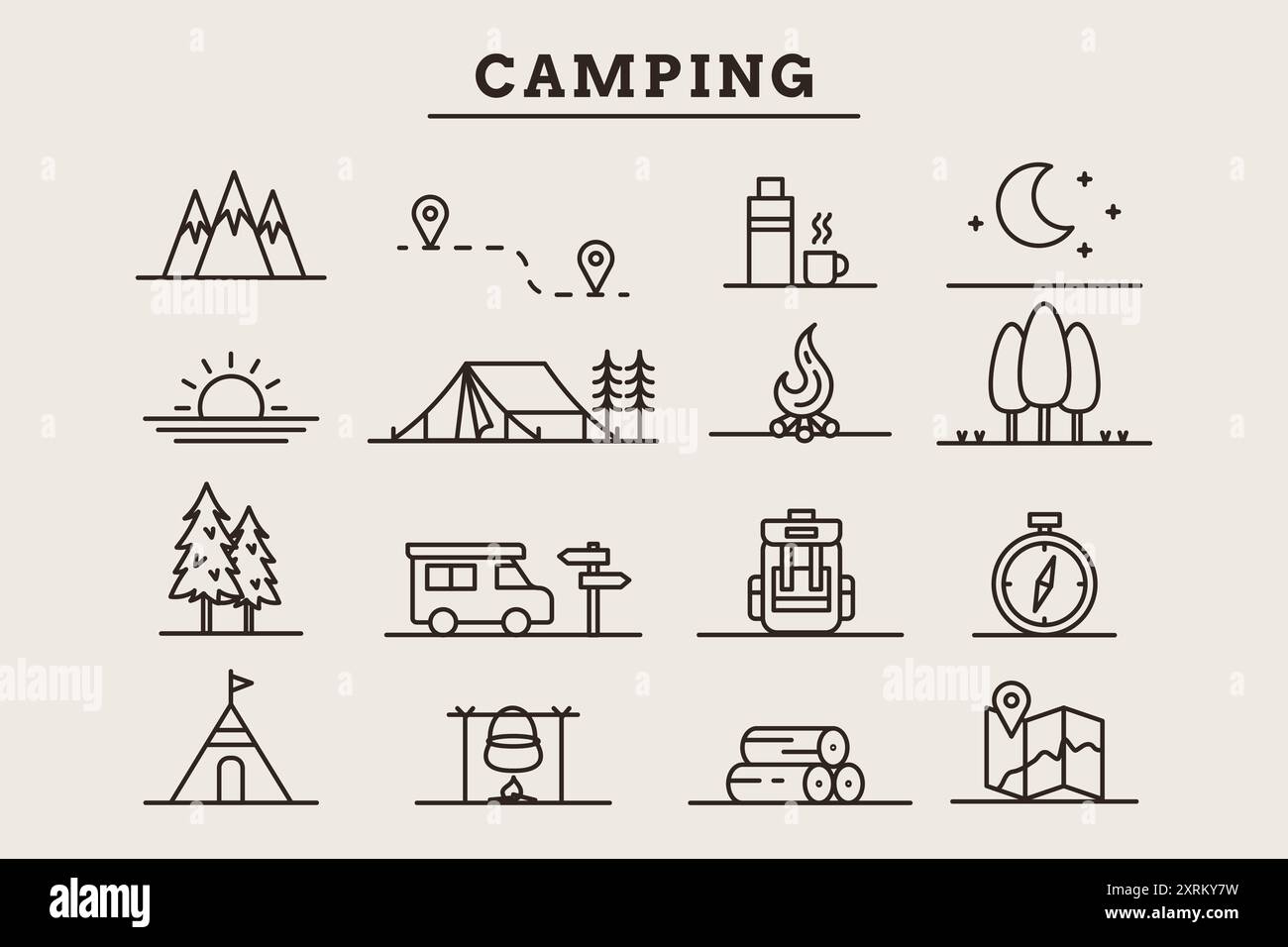 Linea campeggio ICON Collection design in stile monolina Illustrazione Vettoriale