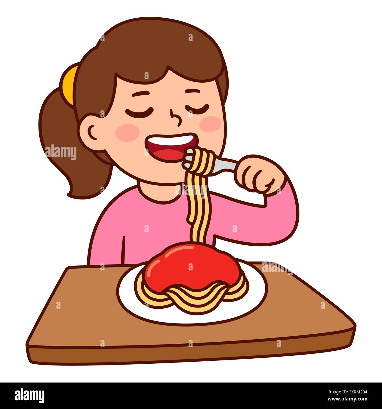 Carina ragazza dei cartoni animati che mangia spaghetti disegnando. Buon bambino che mangia la cena, illustrazione vettoriale. Illustrazione Vettoriale