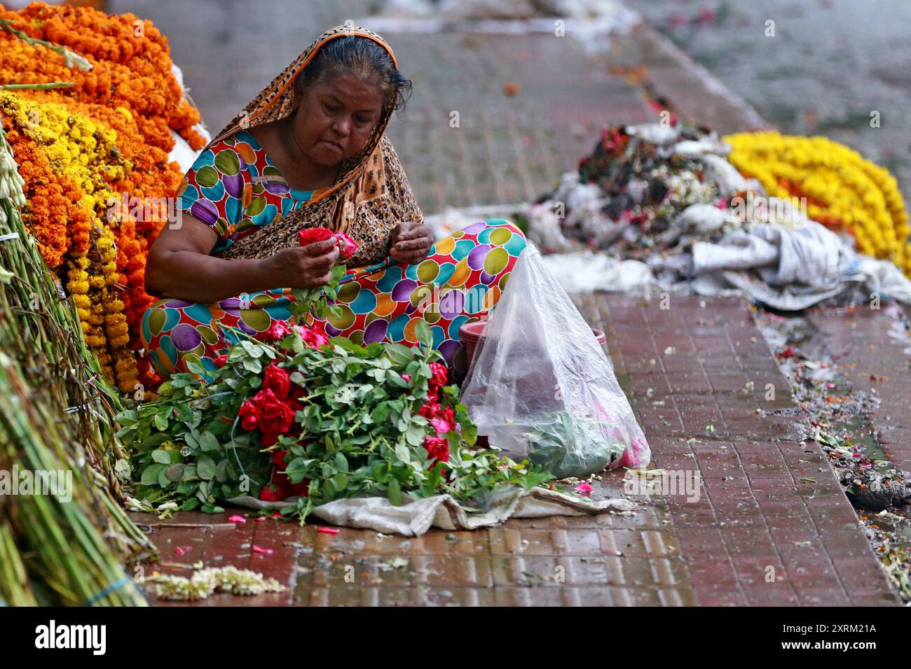 Una donna anziana raccoglie buoni fiori da fiori abbandonati da vendere per sostenere le sue spese di vita, Dacca, Bangladesh, 30 luglio 2024. Foto Stock