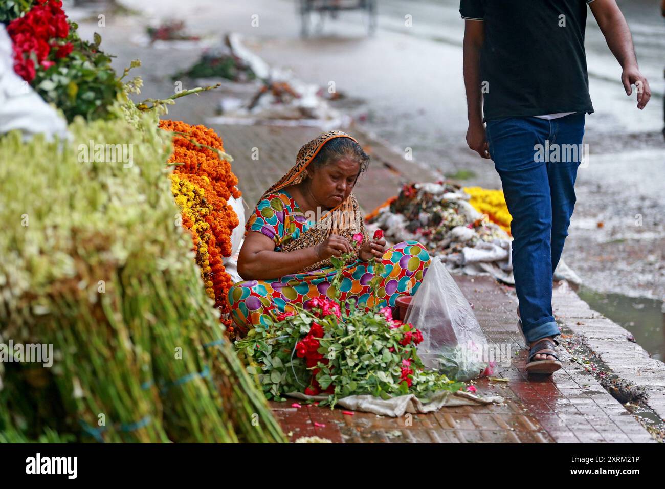 Una donna anziana raccoglie buoni fiori da fiori abbandonati da vendere per sostenere le sue spese di vita, Dacca, Bangladesh, 30 luglio 2024. Foto Stock