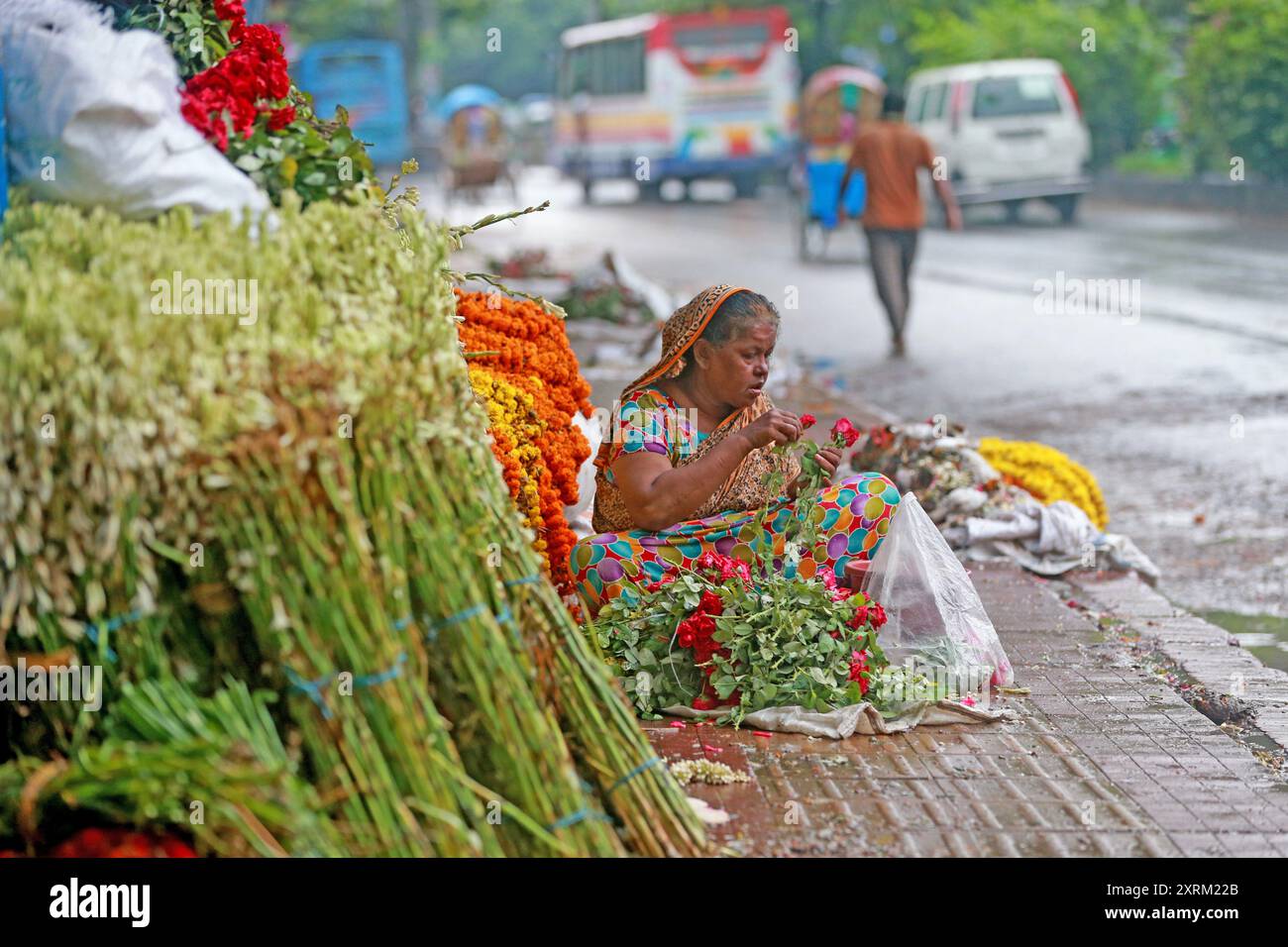 Una donna anziana raccoglie buoni fiori da fiori abbandonati da vendere per sostenere le sue spese di vita, Dacca, Bangladesh, 30 luglio 2024. Foto Stock