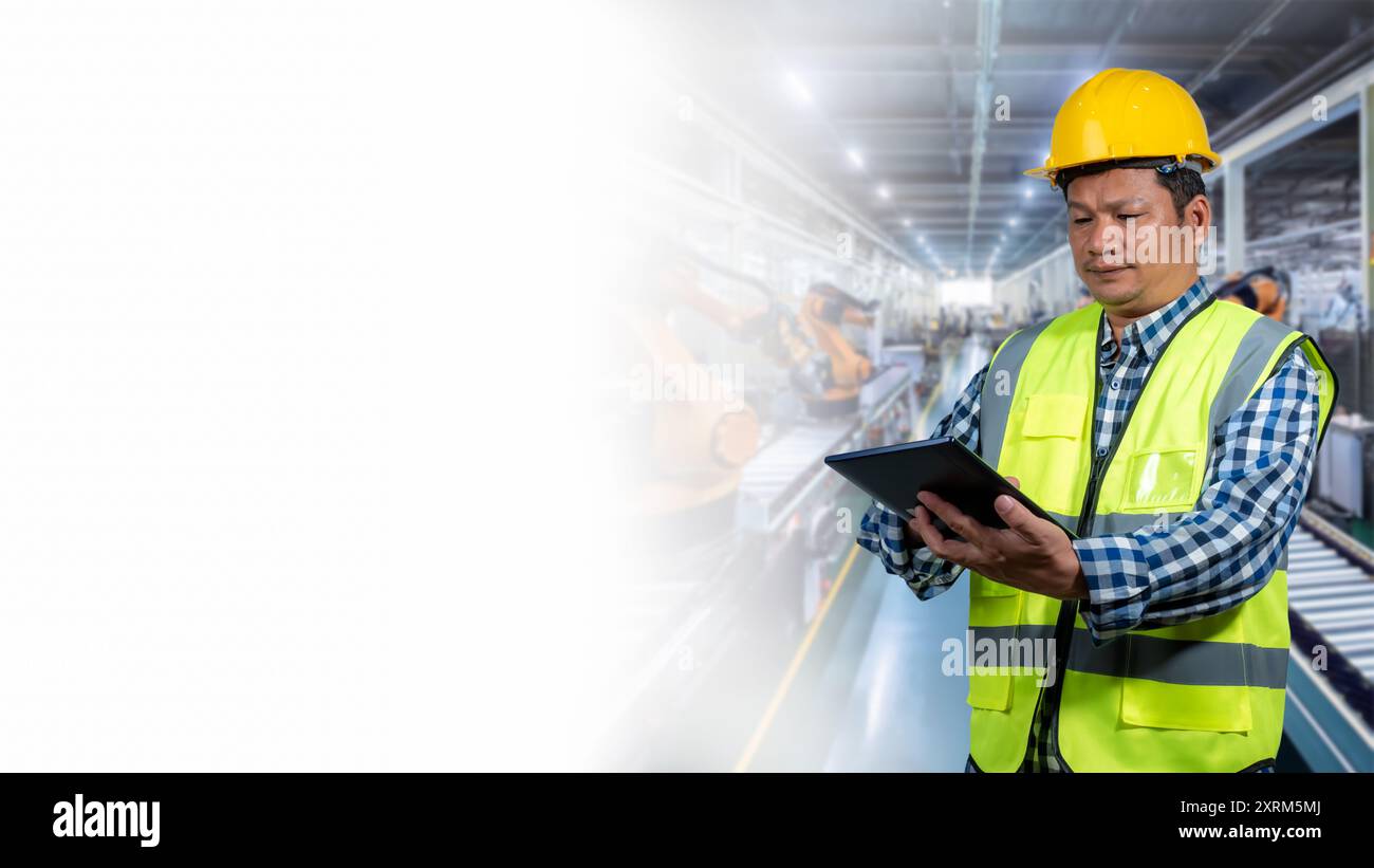 Progetta robotica lavorando e controllando con un robot industriale per l'automazione della connessione di rete e di fabbrica, braccio per tablet. Processo di produzione automatizzato con Foto Stock